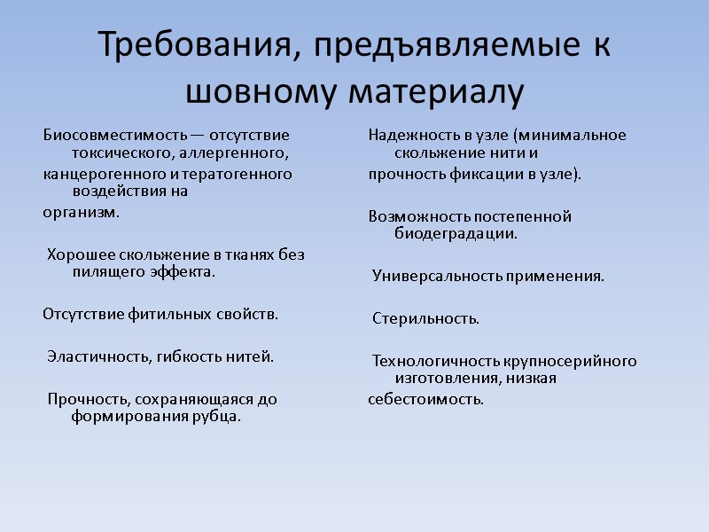 Требования, предъявляемые к шовному материалу Биосовместимость — отсутствие токсического, аллергенного, канцерогенного и тератогенного воздействия